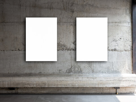 Two white blank rectangle picture frames, vertical style. Couple empty square artist canvas space hanging on concrete wall background over empty cement long bench seat.