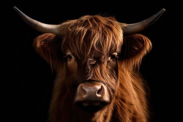 Brown Highland Cattle, Bos taurus taurus, with horns on its head. Domesticated cow isolated on black background looking at camera. Generative AI - obrazy, fototapety, plakaty