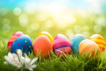 Fototapeta premium a group of colorful easter eggs sitting on top of a lush green field 