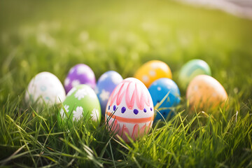 Fototapeta premium a group of easter eggs sitting in the grass 