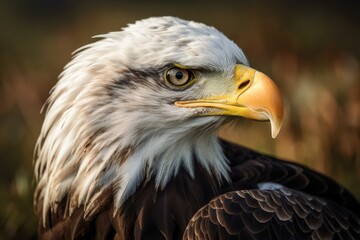 Obraz premium The head of this predator, a Bald Eagle (Haliaeetus leucocephalus), is shown in depth. Generative AI