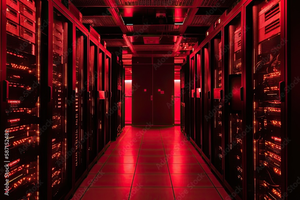 Poster in a data center room with red lighting alert, computer servers are mounted on racks. generative ai