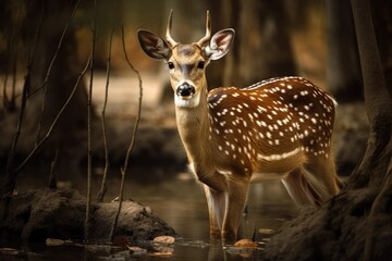 majestic deer standing amidst the lush greenery of a forest. Generative AI