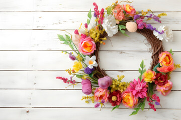 a floral wreath on a white wooden background 