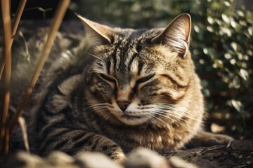Obraz premium a little grainy full face photograph of a striped cat napping in the yard. Generative AI