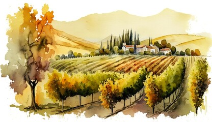 Naklejka premium green Vineyard with a farm in the background, Tuscany, Provence, watercolor illustration. Generative AI
