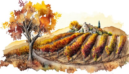 Obraz premium Vineyard in colorful autumn with a farm in the background, watercolor illustration. Generative AI