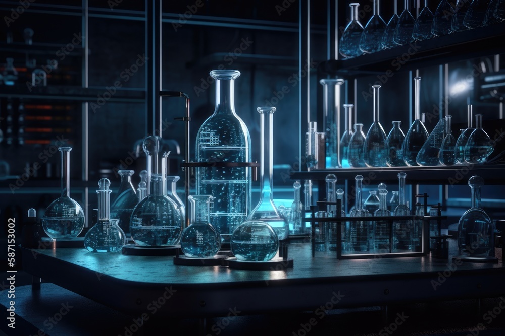 Poster table filled with assorted glass bottles and jars. generative ai