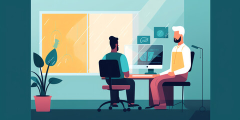Remote Health Coaching: person sitting at their computer, receiving health coaching from coach or trainer video conference. coach show on screen, with person in small window in corner. Generative AI.