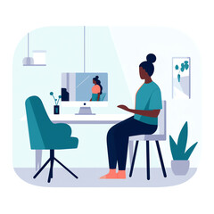 Fototapeta premium Remote Health Coaching: person sitting at their computer, receiving health coaching from coach or trainer video conference. coach show on screen, with person in small window in corner. Generative AI.