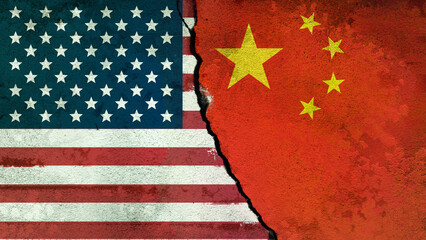USA and China Flags Painted on Cracked Wall. Economic Diplomacy, Global Trade and Relationship Concept. High Resolution.	