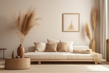 Interior wall mockup in warm neutrals with low couch, beige cushion, and dried Pampas grass on caned table in japanese style living room with empty white wall backdrop, illustration. Generative AI