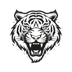 angry tiger, logo concept black and white color, hand drawn illustration