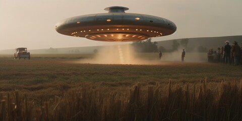 Naklejka na ściany i meble Unidentified flying object UFO. Flying saucer sightings and abduction of people in farm landscapes. Generative AI