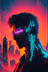 Fototapeta premium Human silhouette with VR goggles and AI interface in future city by generative AI