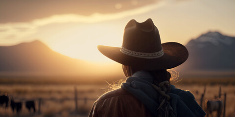Cowgirl watching the sun rise over the ranch by generative AI - obrazy, fototapety, plakaty