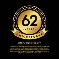 62 years anniversary banner with luxurious golden circles and halftone on a black background and replaceable text speech