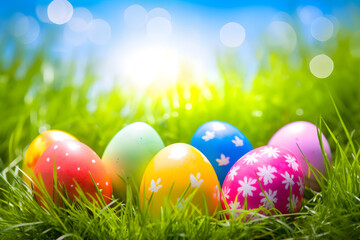 Fototapeta premium a bunch of colorful easter eggs in the grass 