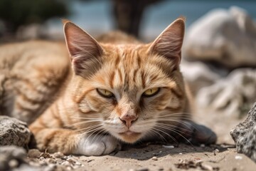 Fototapeta na wymiar Headshot of a cute orange tabby cat laying on its back in the beach in the Plakka woodland on the Greek island of Kos. Generative AI