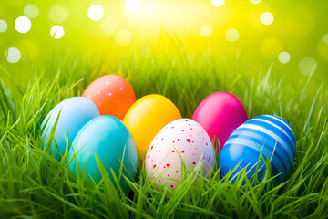 Fototapeta premium a bunch of colorful easter eggs in the grass 