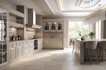 spacious modern kitchen with a central island and stylish bar stools. Generative AI