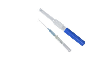 IV catheter with blue needle sheath placed isolate on white background.
