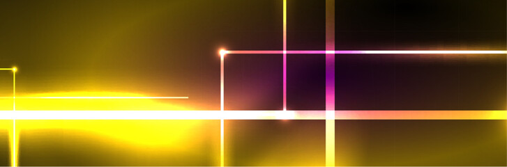 Fototapeta premium Shiny neon lights, dark abstract background with blurred magic neon light curved lines