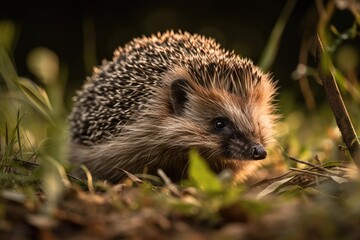 Fototapeta premium Hedgehog scurrying through the grass. Generative AI