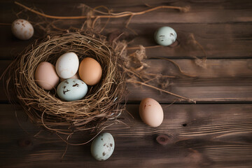 a bird's nest filled with eggs on top of a wooden table 