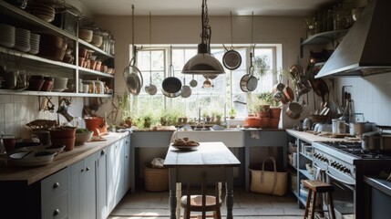 Obraz na płótnie Canvas A small but beautifully designed kitchen illustration with beautiful light and plants. Generative AI. 