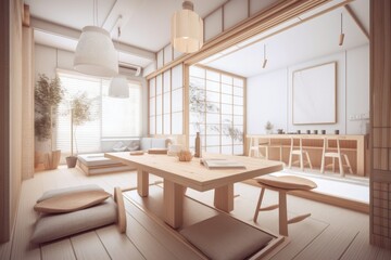 Architect interior designer concept hand drawn incomplete project becomes actual, minimalism. Japanese tearoom. Seating,. Generative AI