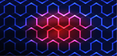 Obraz premium Hexagon abstract background. Techno glowing neon hexagon shapes vector illustration for wallpaper, banner, background, landing page, wall art, invitation, prints, posters