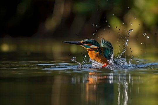 The Beautiful kingfisher diving for catching fish , Amazing moment Flying bird, generative AI © Kien