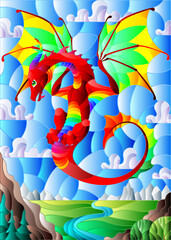 Illustration in stained glass style with bright dragon on landscape and blue sky background