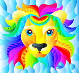 Illustration in the style of stained glass with abstract rainbow lion head on a blue background rectangular image