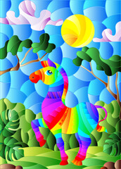 Illustration in stained glass style with cute rainbow Zebra on the background of green trees of cloudy sky and sun