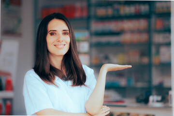Happy Pharmacist Making a Presentation Hand Gesture. Pharmacy Worker holding her palm up showing something 
