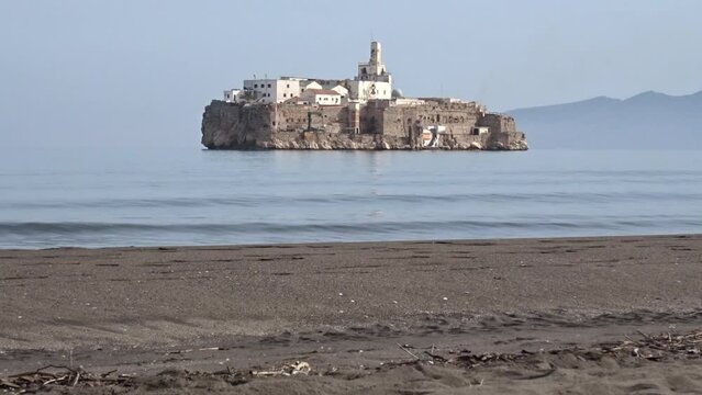 Static shot of Alhucemas island. Spanish territory in front of Morocco coast.