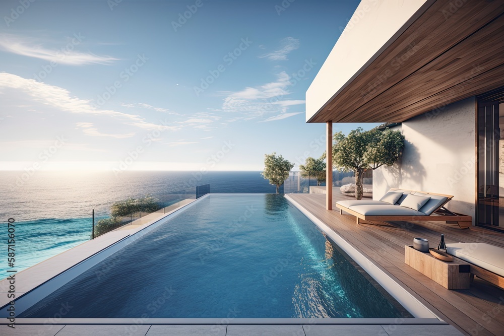 Poster spacious swimming pool situated adjacent to the vast ocean with a scenic view. generative ai