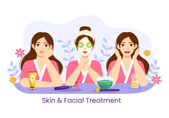 Facial and Skin Treatment Illustration with Women Skin Care, Anti Age Procedure, Massage or SPA Wellness in Flat Cartoon Hand Drawn Templates