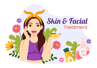 Facial and Skin Treatment Illustration with Women Skin Care, Anti Age Procedure, Massage or SPA Wellness in Flat Cartoon Hand Drawn Templates