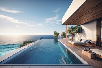 Fototapeta na wymiar spacious swimming pool situated adjacent to the vast ocean with a scenic view. Generative AI