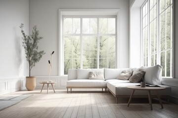 modern living room with a large window and a white sofa. Generative AI