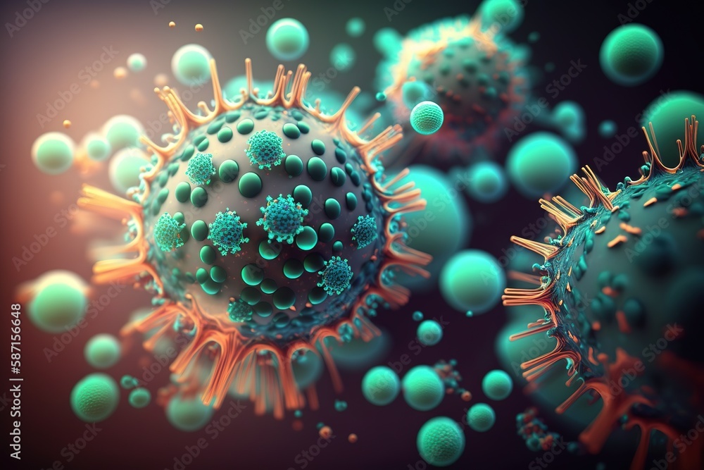 Poster cells from a virus, mounted on abstract particle medical generative ai