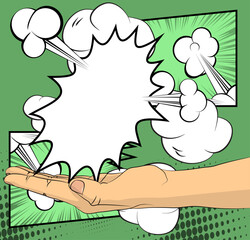 Comic Book Man's Hand Holding a blank speech bubble in his palm. Abstract pop art green background for Advertisement. Retro poster Template.