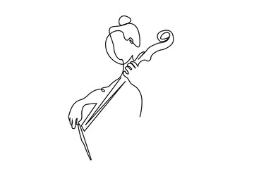 young woman is using the big violin musical instrument line art