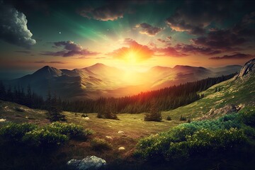 Naklejka na ściany i meble Photographic panorama of a mountain sunset, with trees, grass, and a brilliant light. Generative AI
