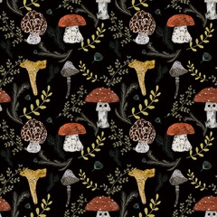 seamless pattern with mushrooms and branches. White mushroom, boletus, toadstool, fox, fly agaric on black background for fabric, wallpapers, textile, paper, books, toys 