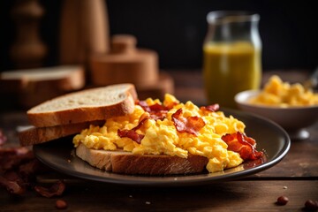 Scrambled egg with bred on plate