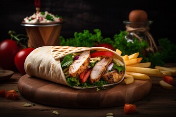 kebab with vegetables and french fries on table